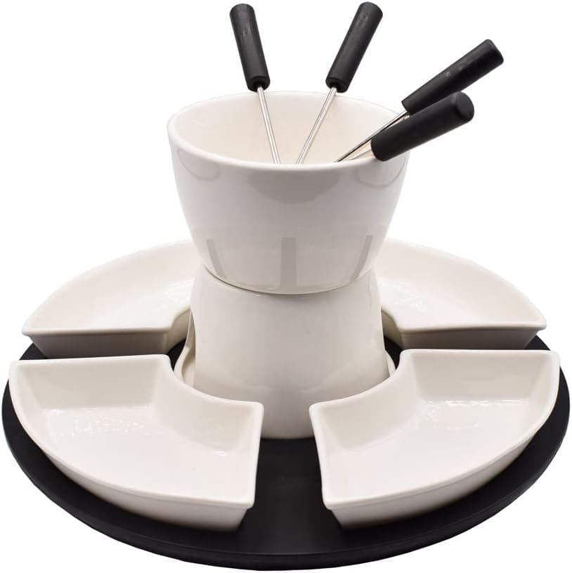 Everhype White Wood and Ceramic Fondue Pot, Burner, and Serving Plate Set for Snacks, Starters, Cookies, or Fruits Fondue Maker