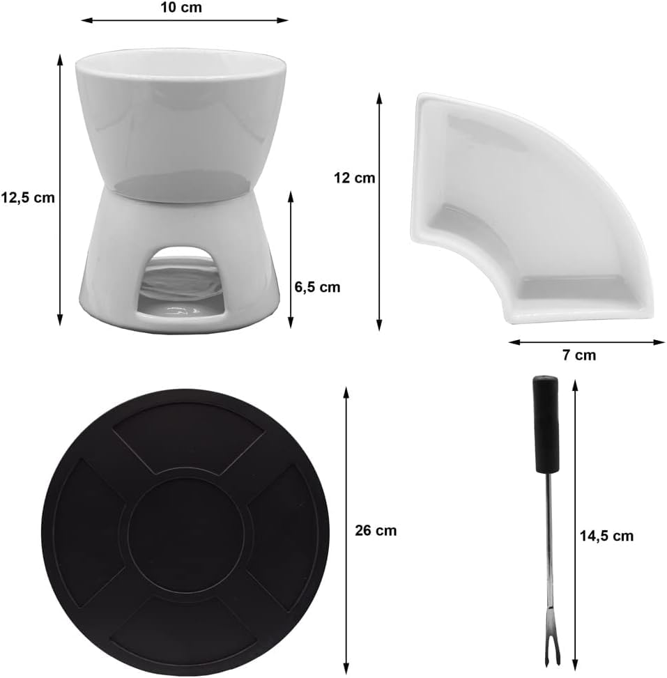 Everhype White Wood and Ceramic Fondue Pot, Burner, and Serving Plate Set for Snacks, Starters, Cookies, or Fruits Fondue Maker