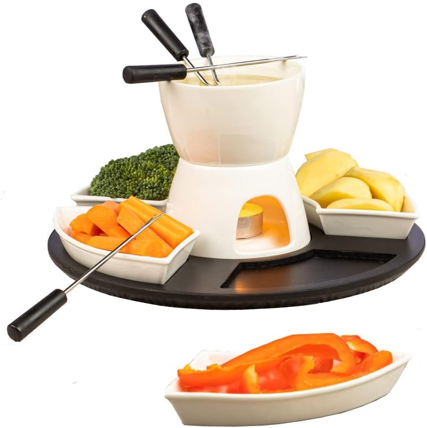 Everhype White Wood and Ceramic Fondue Pot, Burner, and Serving Plate Set for Snacks, Starters, Cookies, or Fruits Fondue Maker