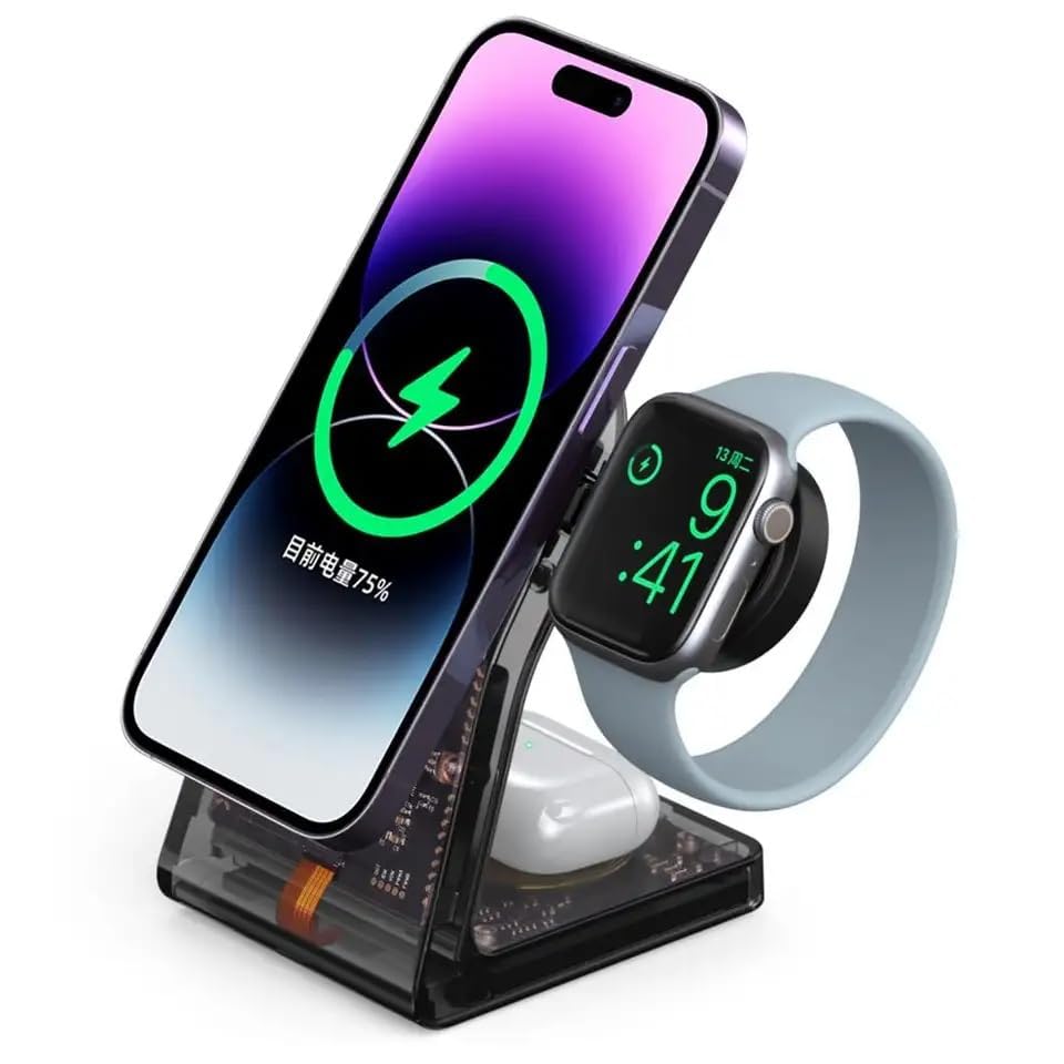 Transparent Wireless for Apple - 3 in 1 Wireless Charger Stand Dock Watch and Phone Charger Station for Apple Watch, iPhone 15 14 13 12 Pro Max SE XS XR X, Samsung, AirPods Pro/3/2