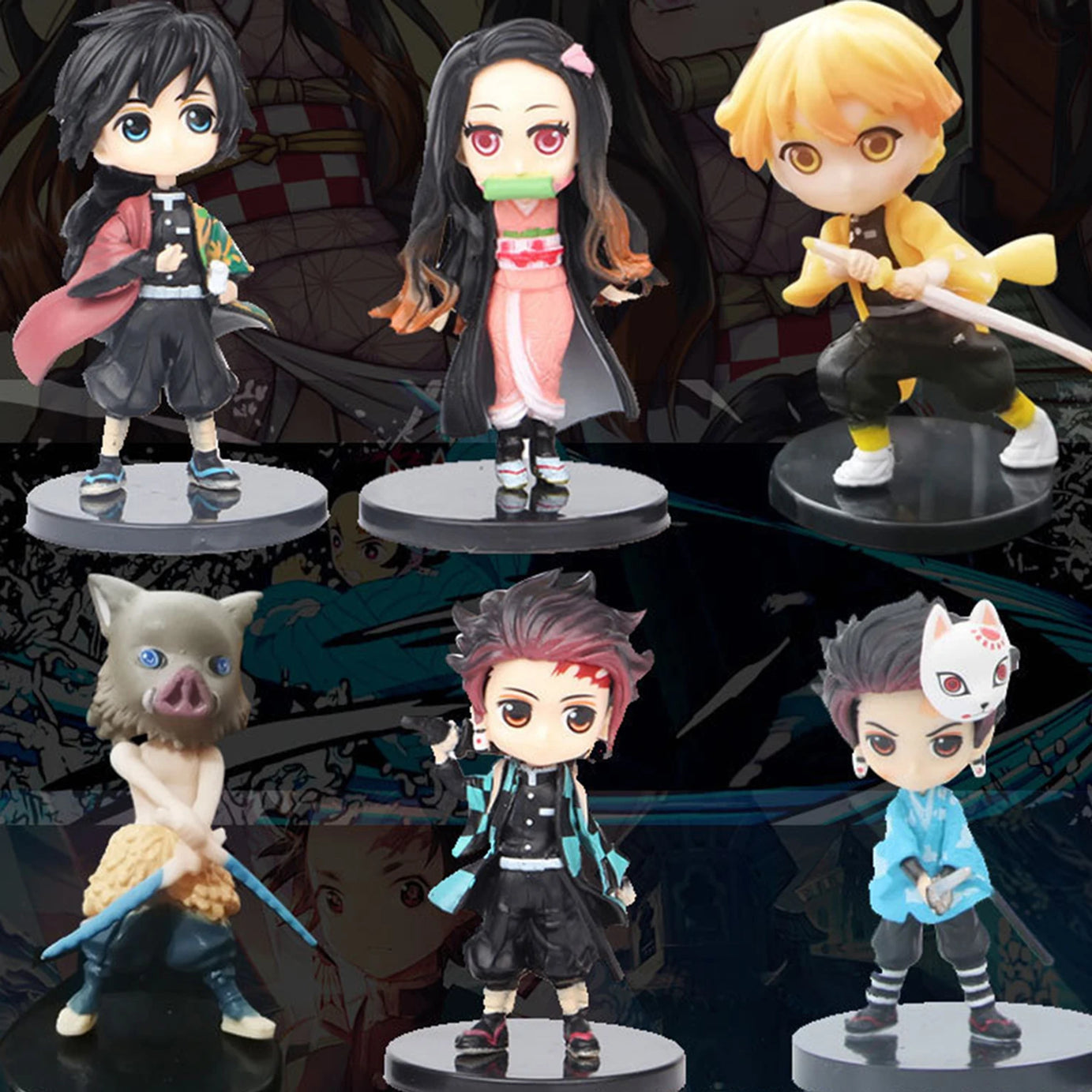 Demon Slayer 6Pcs Action Figure Set with Base Tanjiro Nezuko