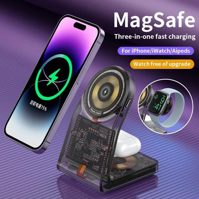 Transparent Wireless for Apple - 3 in 1 Wireless Charger Stand Dock Watch and Phone Charger Station for Apple Watch, iPhone 15 14 13 12 Pro Max SE XS XR X, Samsung, AirPods Pro/3/2