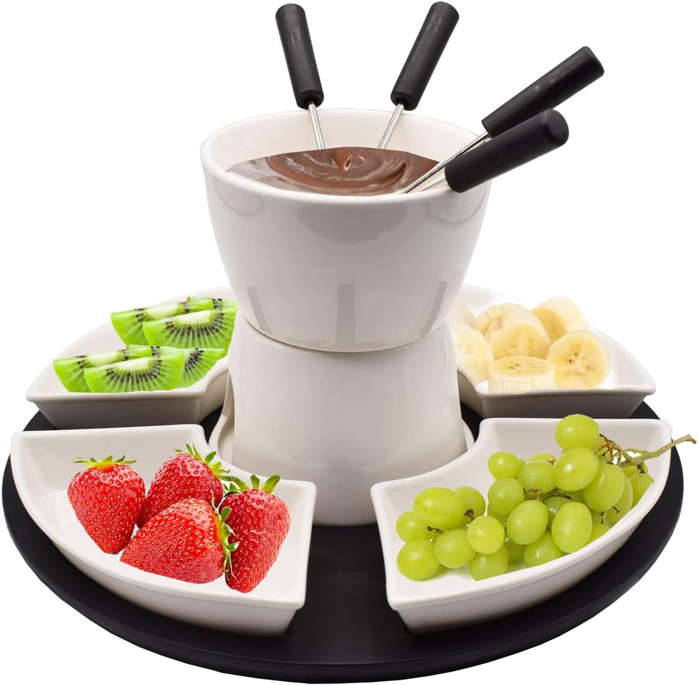 Everhype White Wood and Ceramic Fondue Pot, Burner, and Serving Plate Set for Snacks, Starters, Cookies, or Fruits Fondue Maker