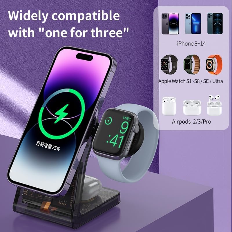 Transparent Wireless for Apple - 3 in 1 Wireless Charger Stand Dock Watch and Phone Charger Station for Apple Watch, iPhone 15 14 13 12 Pro Max SE XS XR X, Samsung, AirPods Pro/3/2