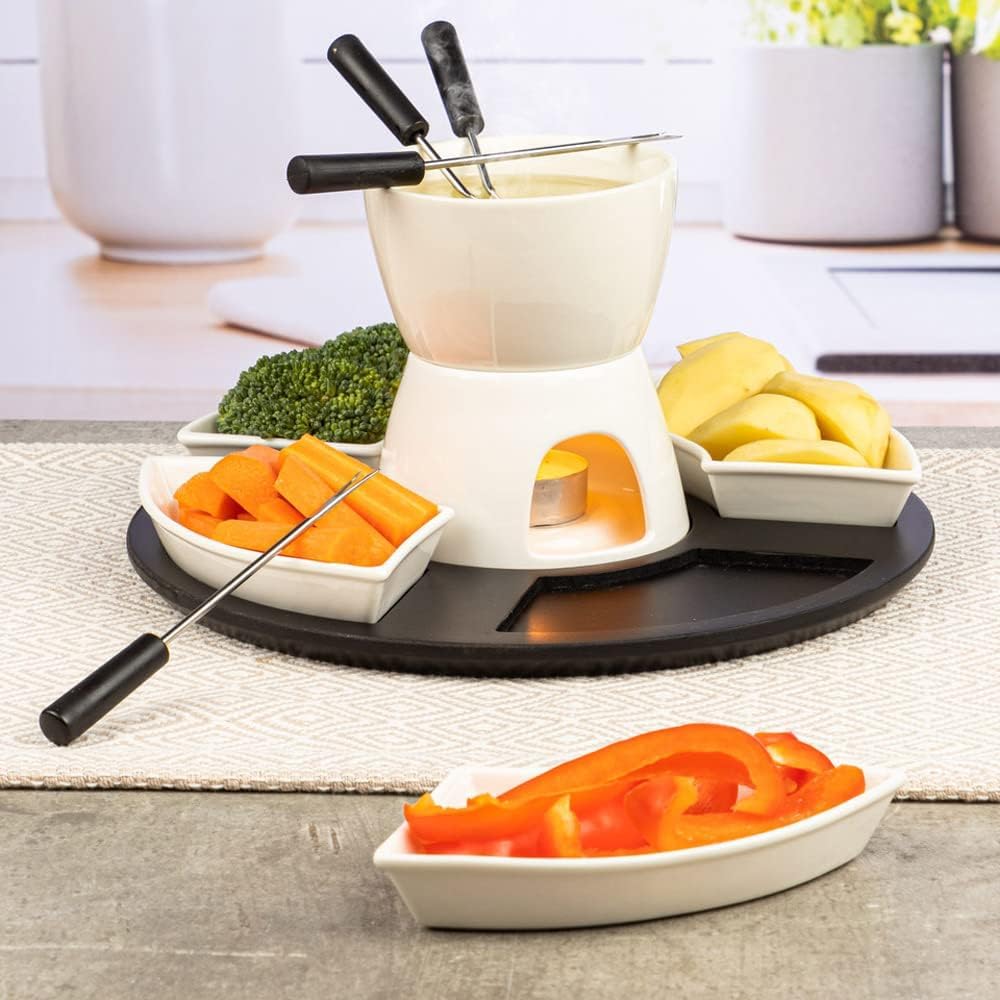 Everhype White Wood and Ceramic Fondue Pot, Burner, and Serving Plate Set for Snacks, Starters, Cookies, or Fruits Fondue Maker