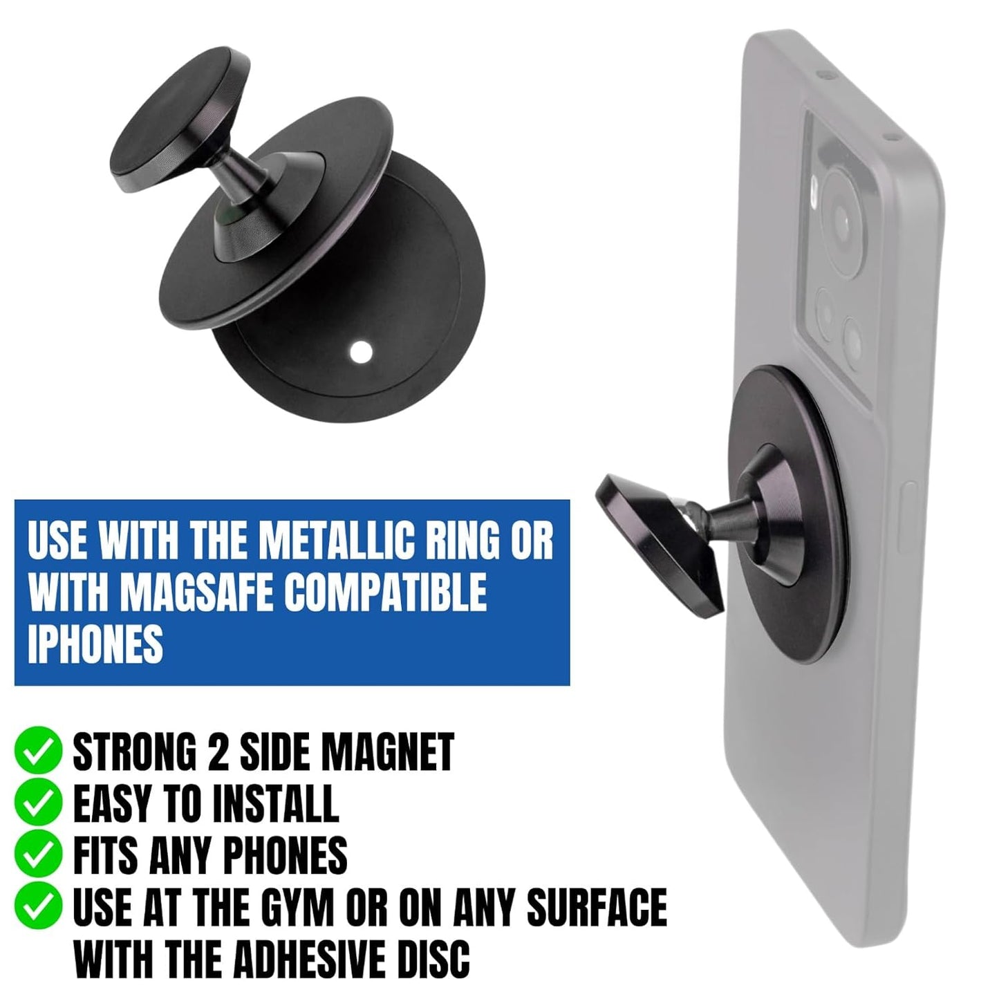 Everhype 360 Degree Gym Magnet - Dual Side Magnet - MagSafe Compatible - Adhesive Metal Plates and Ring Included for Android Users