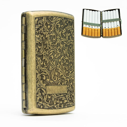 Everhype Mini Portable Cigarette Case | 12 Regular Sized Cigarette Holder | Vintage Carved Metal Design (Tang Grass)