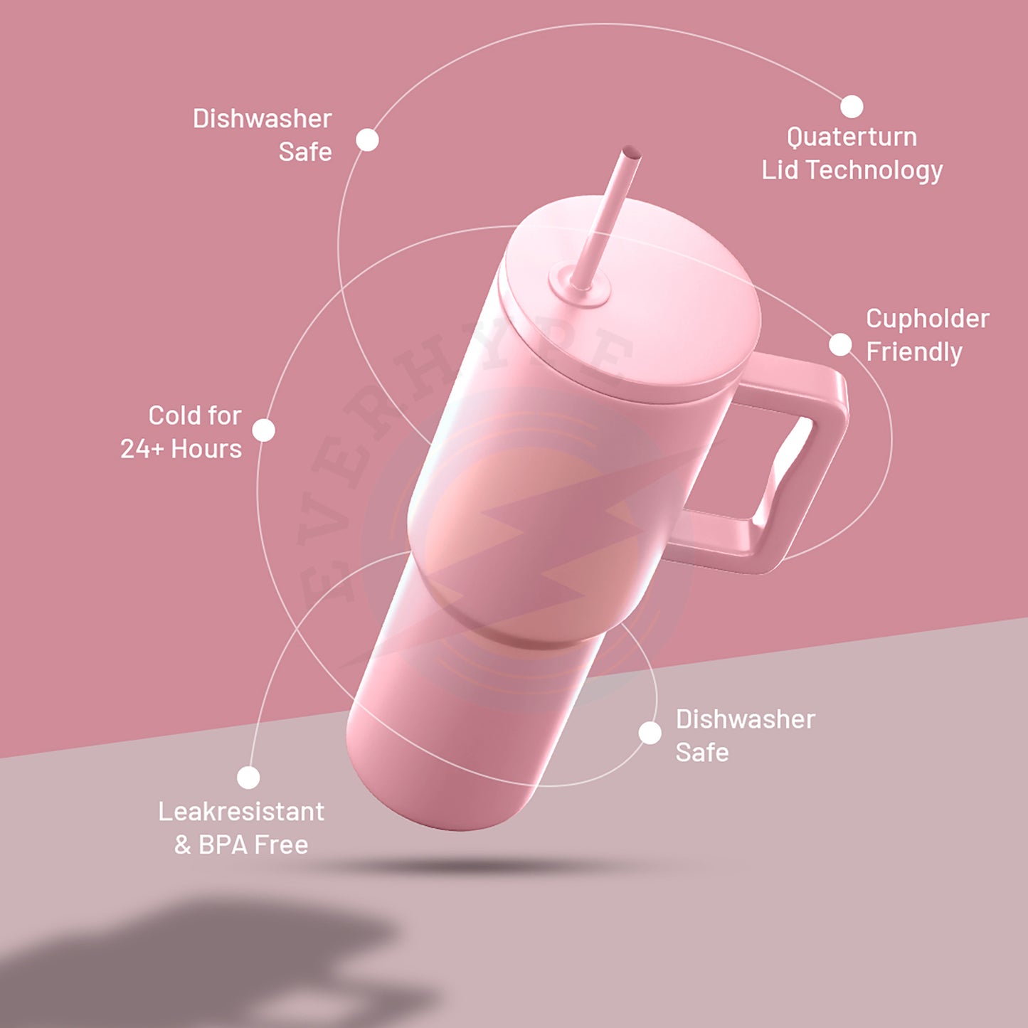 Everhype Tumbler with Handle and Straw Lid Insulated Cup (Light Pink, 1.2L)