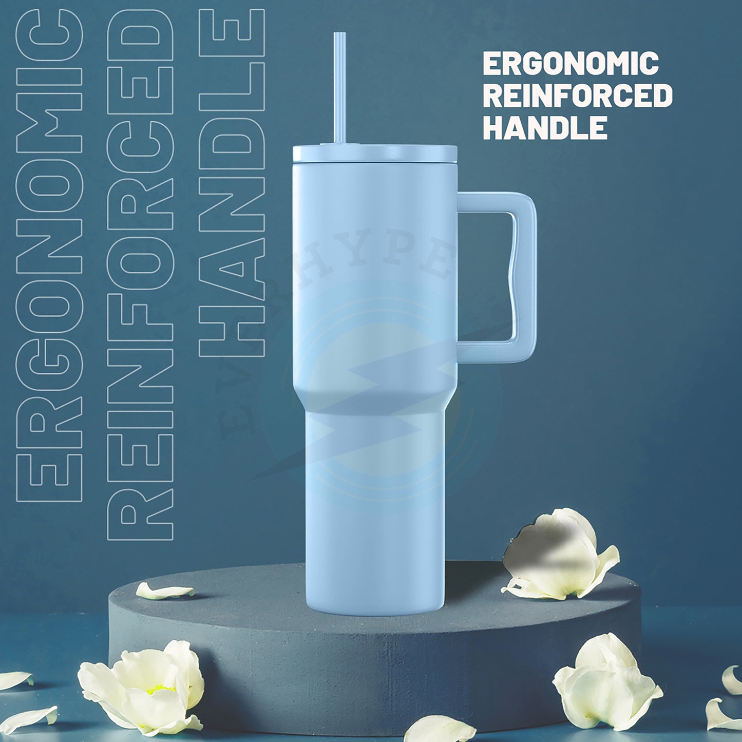 Everhype Tumbler with Handle and Straw Lid Insulated Cup (Blue, 1.2L)