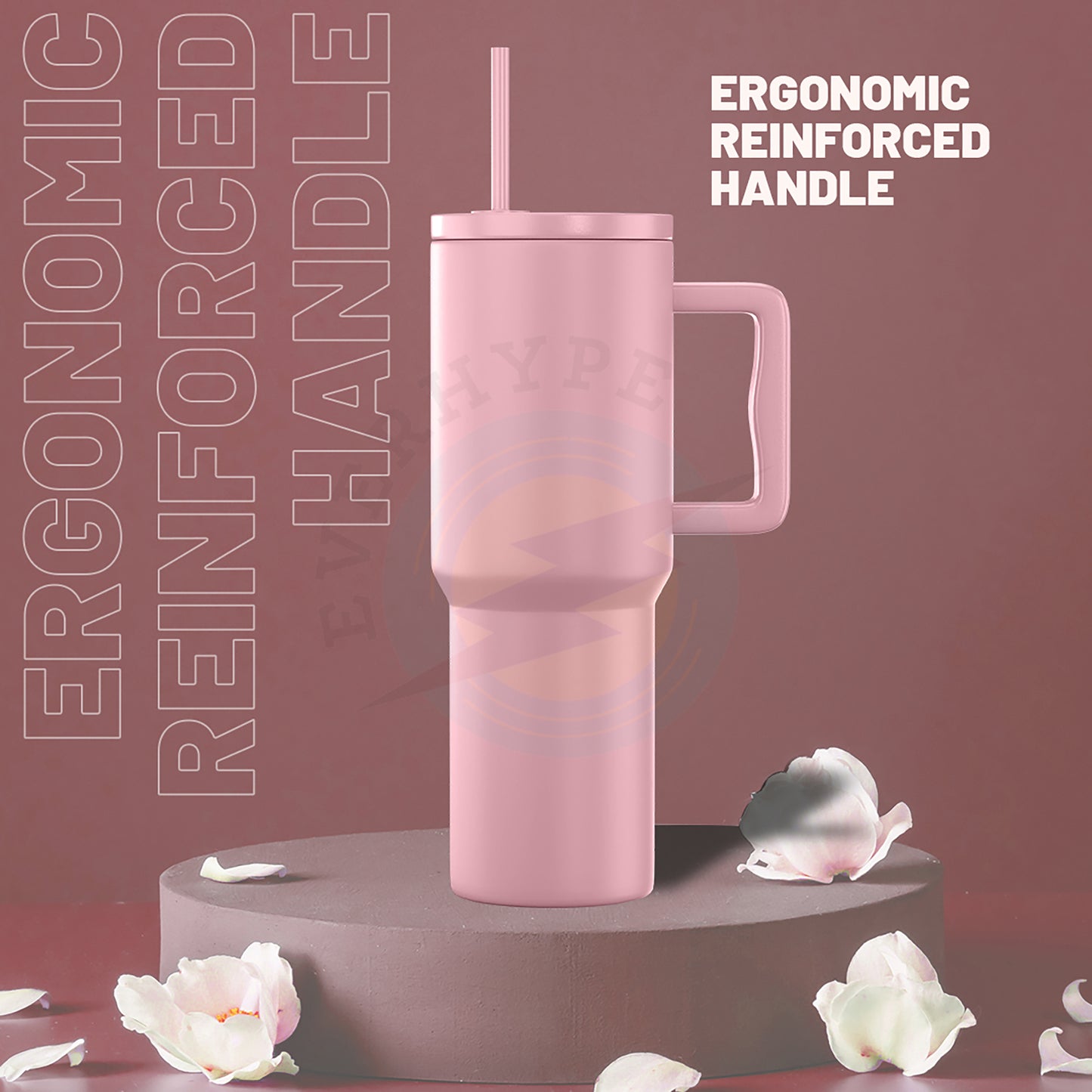 Everhype Tumbler with Handle and Straw Lid Insulated Cup (Light Pink, 710ML)