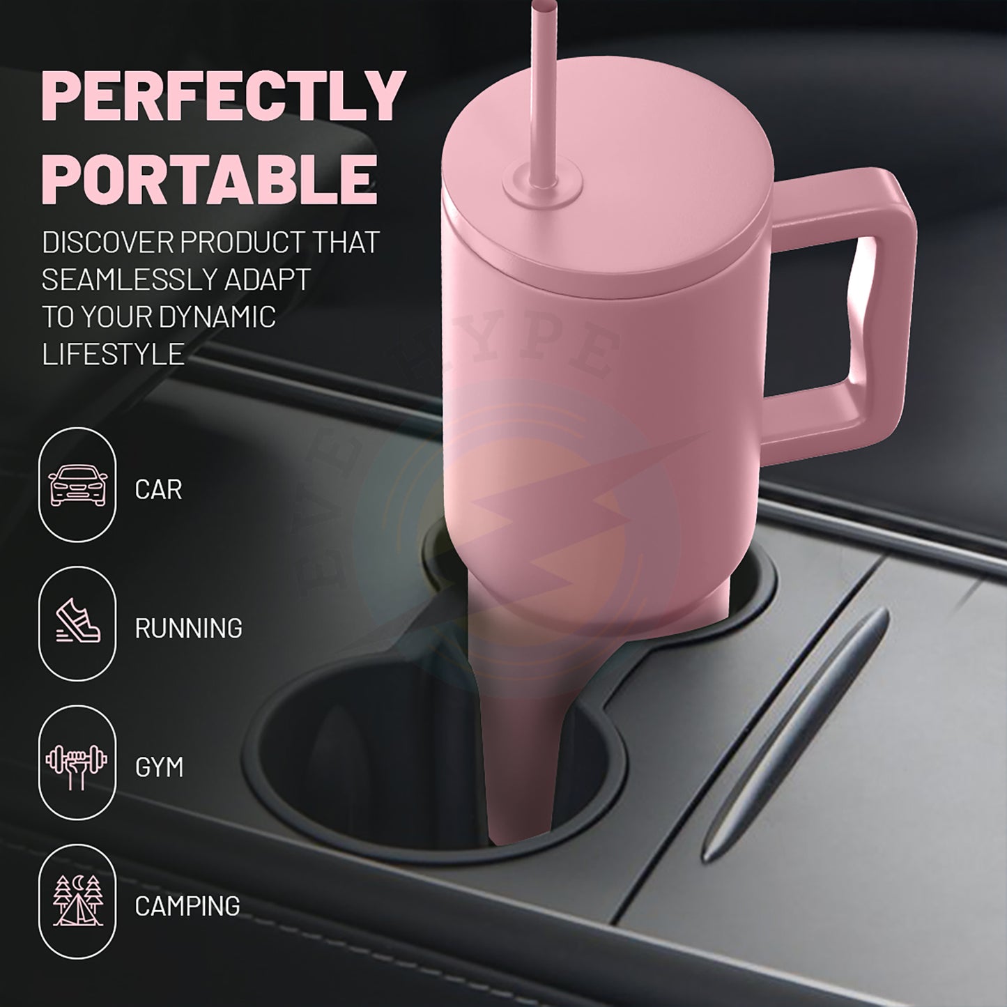 Everhype Tumbler with Handle and Straw Lid Insulated Cup (Light Pink, 1.2L)