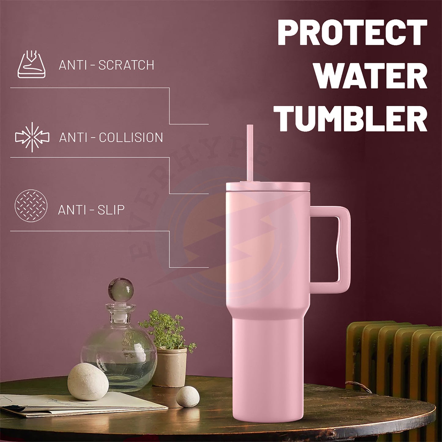 Everhype Tumbler with Handle and Straw Lid Insulated Cup (Light Pink, 710ML)