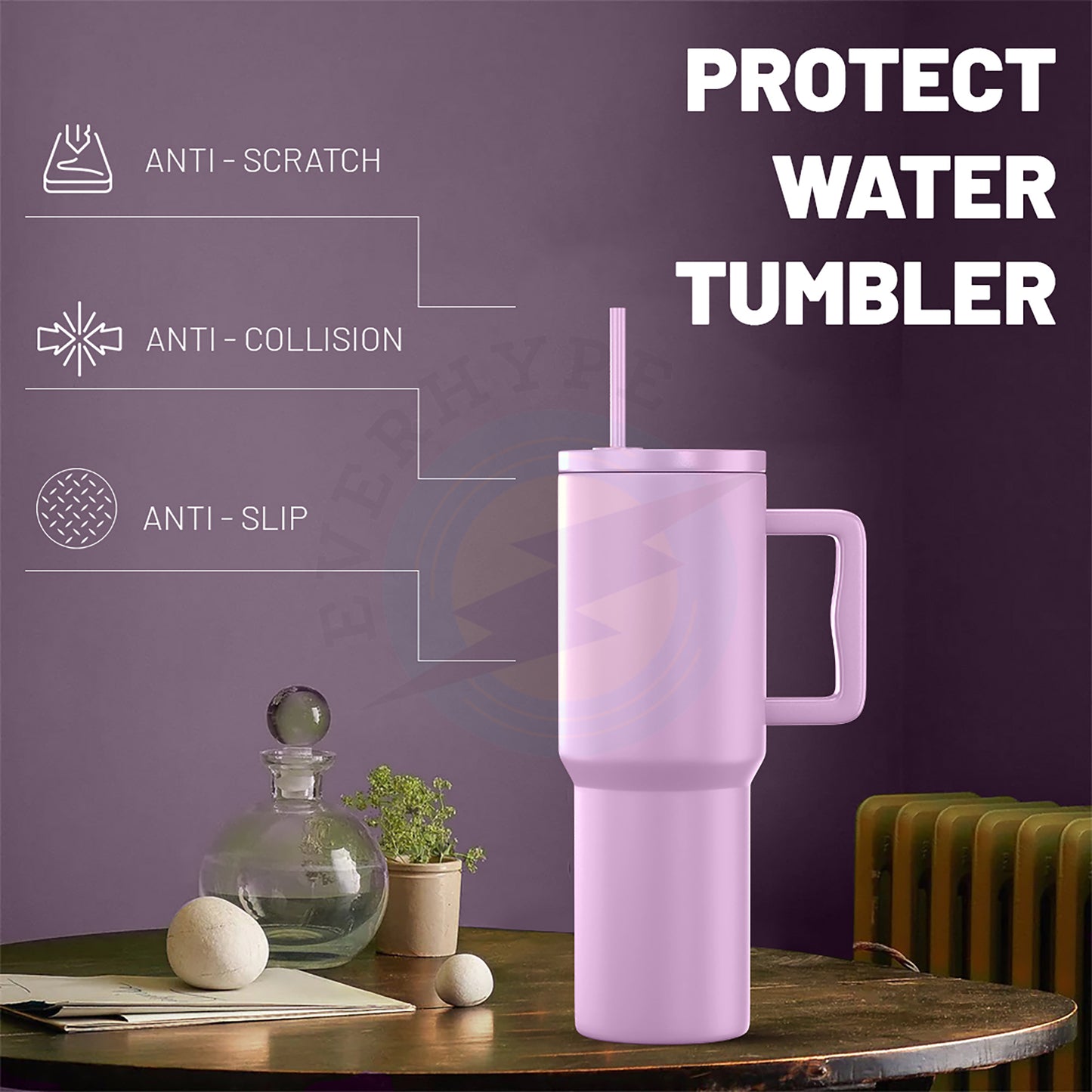 Everhype Tumbler with Handle and Straw Lid Insulated Cup (Purple, 1.2L)